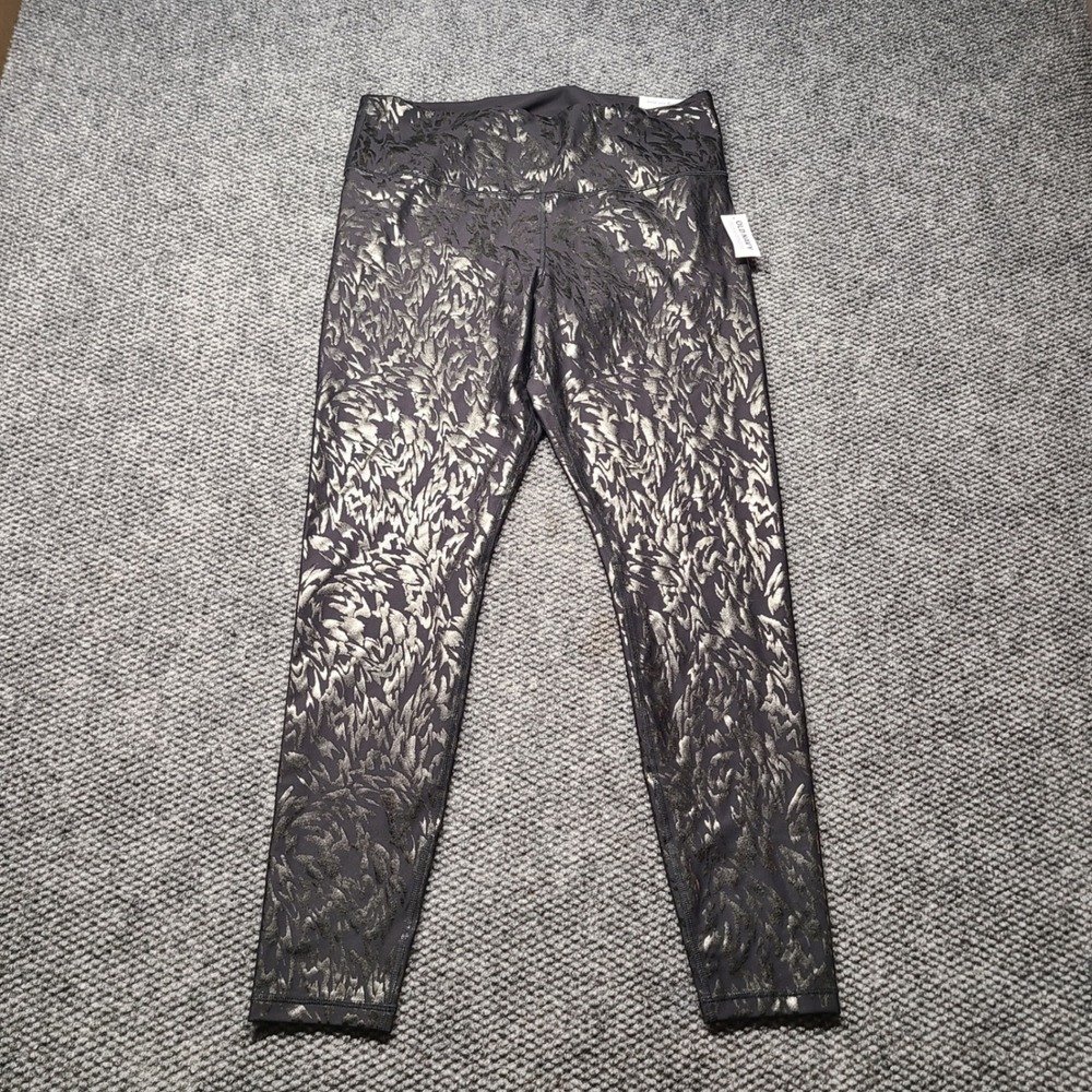 Old Navy Active Powersoft High-Rise Leggings XL Black Silver Foil Floral Go-Dry